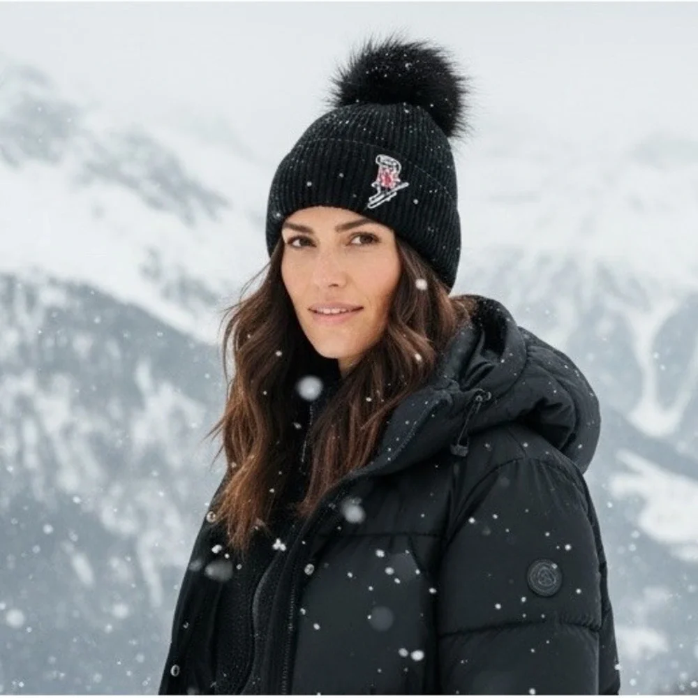 Karl Lagerfeld Paris Women's Apres Ski Faux Fur Pom Pom Beanie Black Winter Hat